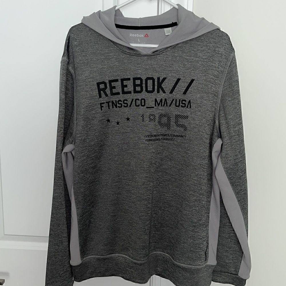 Gray 2 tone pullover Reebok Fitness MA men’s Hooded hoodie fleece sweatshirt L